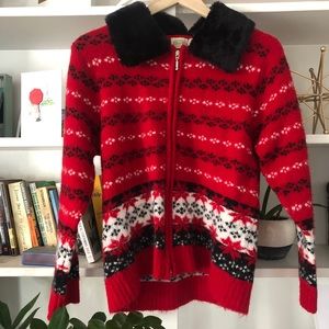 Vintage red zip up fur trim collar sweater